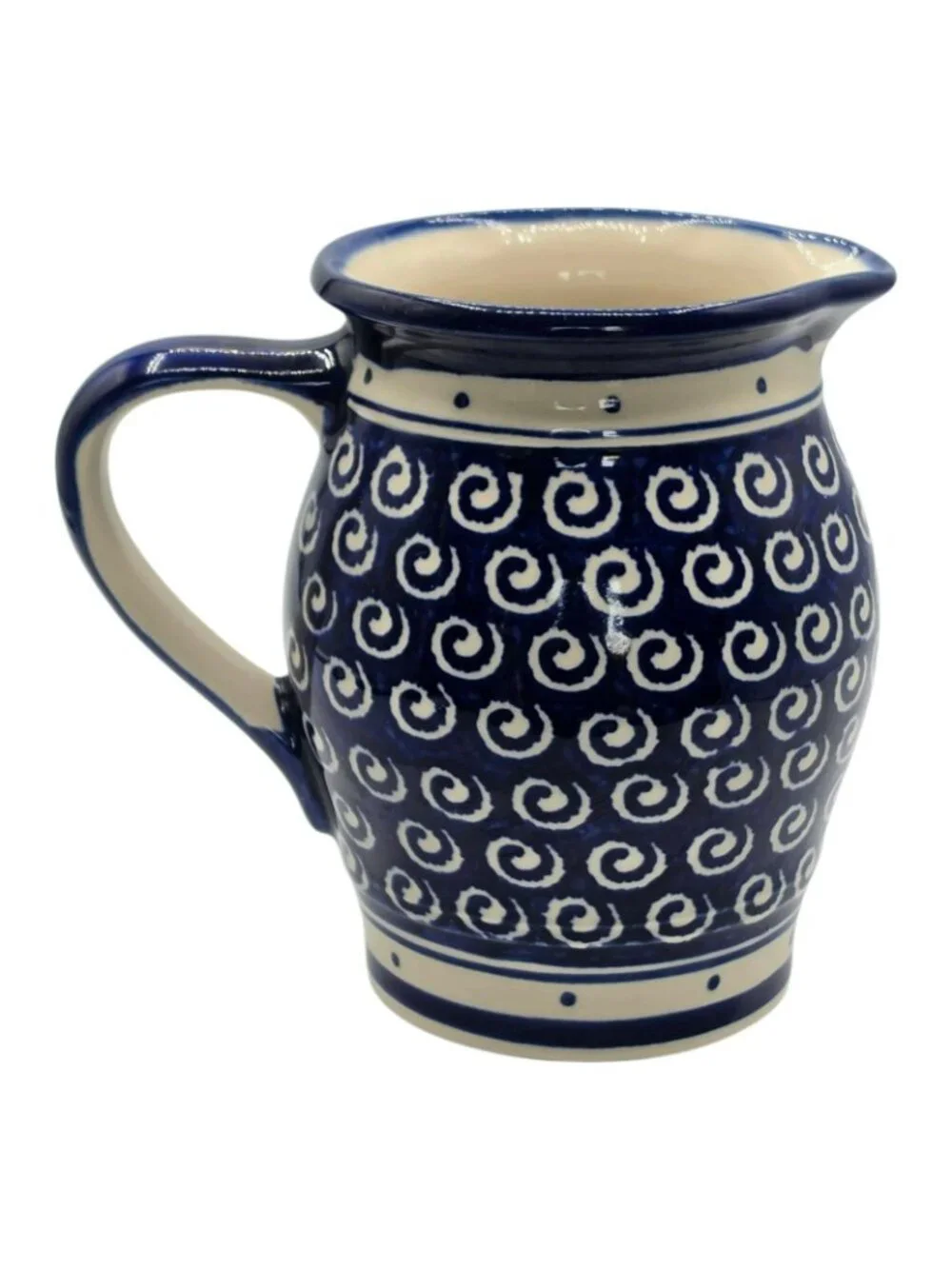 Handmade Polish Pottery Boleslawiec K9 Blue White Swirl Pattern Ceramic Pitcher